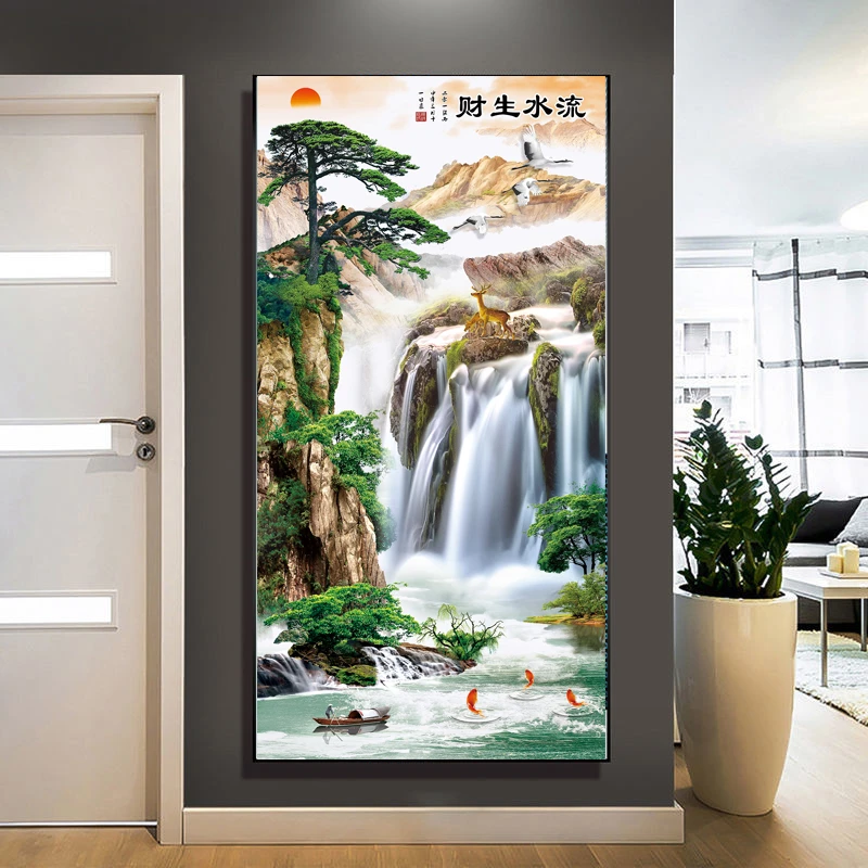镶钻晶瓷画带框装饰画玄关走廊过道挂画流水生财风景画现代中式