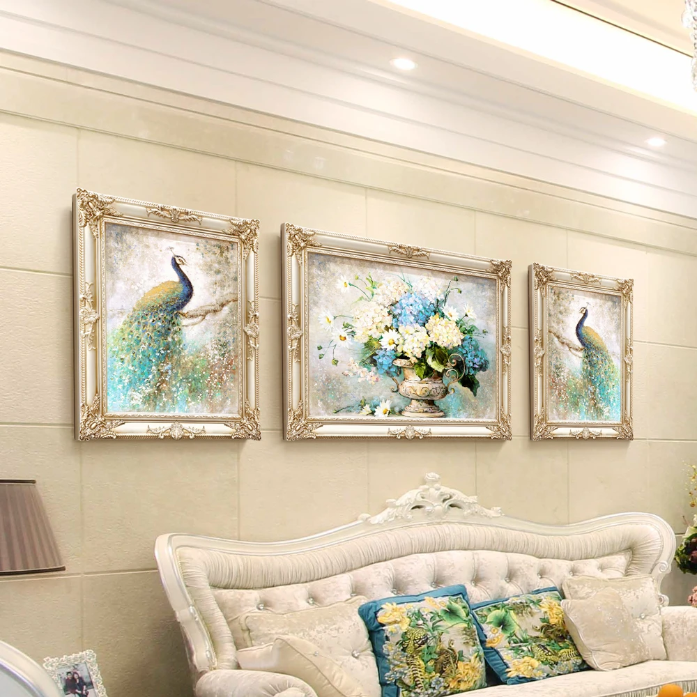 客厅大气三联组合装饰画沙发背景墙壁画孔雀动物美式挂画手工油画