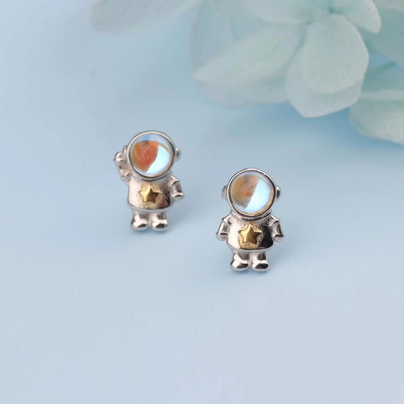 925银耳饰 简漫睡觉不用摘—个性时尚蓝月光宇航员耳钉百搭耳环