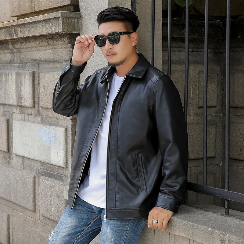 品质男装大码男8XL皮衣男翻领皮夹克冬外套男中老年爸爸装加大码