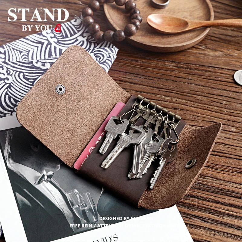 手工复古头层牛皮钥匙包多功能疯马男士锁匙包卡包真皮搭扣零钱包