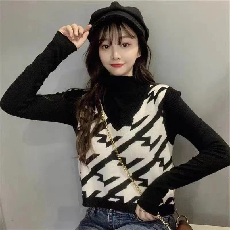 秋冬新款千鸟格小个子V领短款针织马甲女毛衣背心外穿显瘦坎肩春