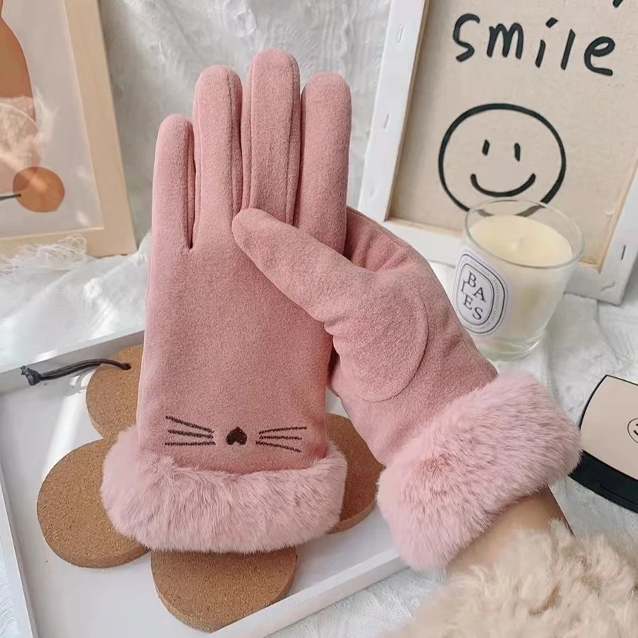 女士鹿皮绒触屏手套加绒防寒骑行保暖时尚可爱女神户外方便看手机