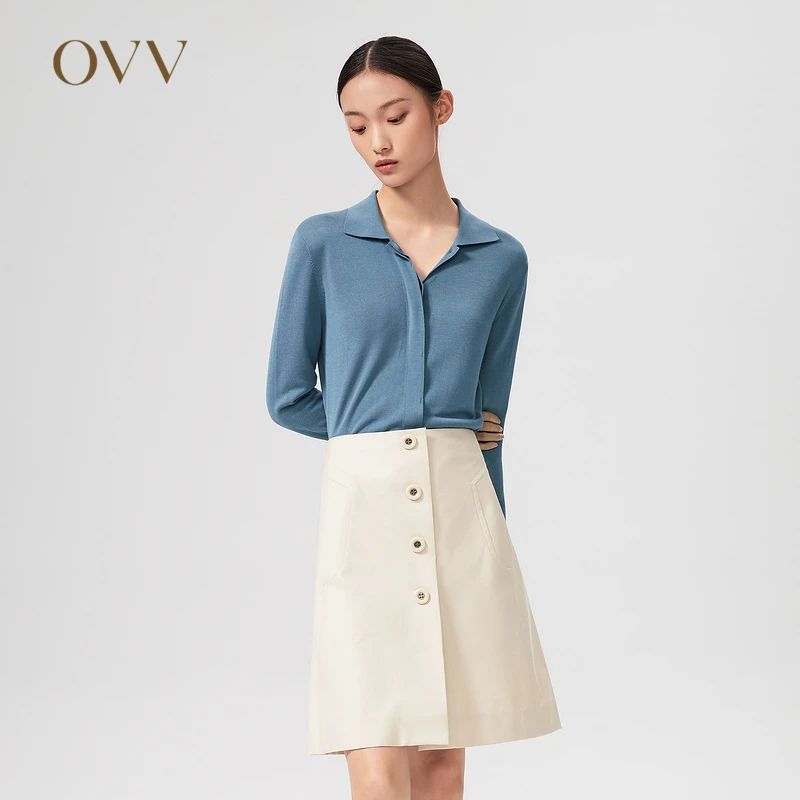 OVV春夏新款女装衬衫领通勤休闲莫兰迪色针织开衫GWZAJ12006A