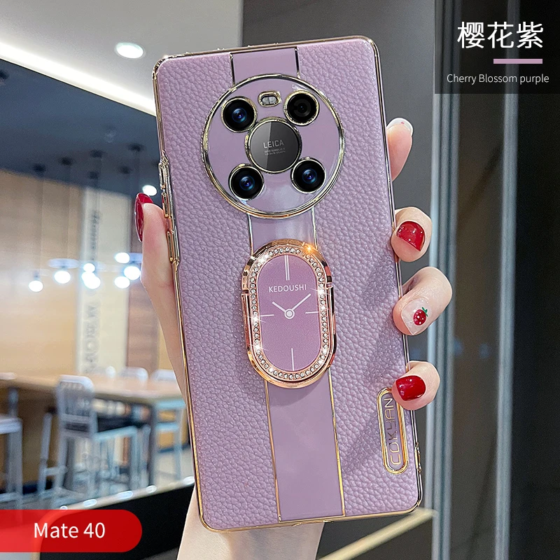 潮钻适用华为mate40手机壳女款mate40pro+荔枝纹水钻支架软胶防摔