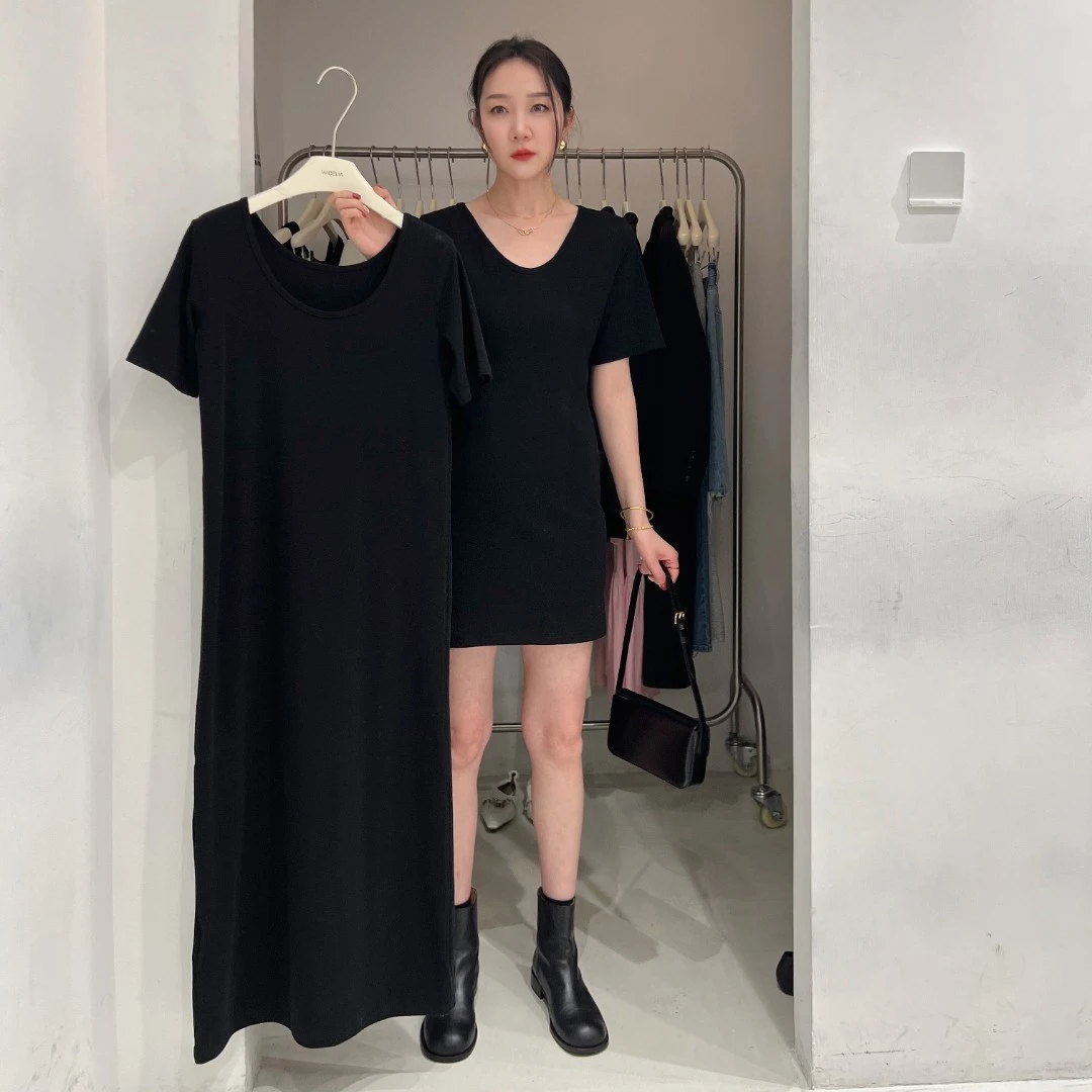 widelia陈魅儿2025春夏新款 百搭纯色长款短款连衣T裙7100+7007