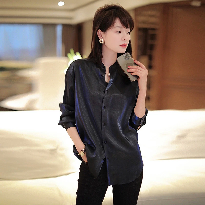 日系轻奢鎏金蓝小立领长袖衬衫女设计感小众气质衬衣上衣 B1666