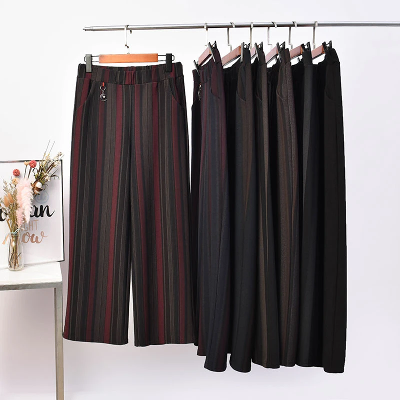 秋冬加厚松紧腰阔腿裤女中老年女裤休闲高腰女裤宽松大码妈妈裤子