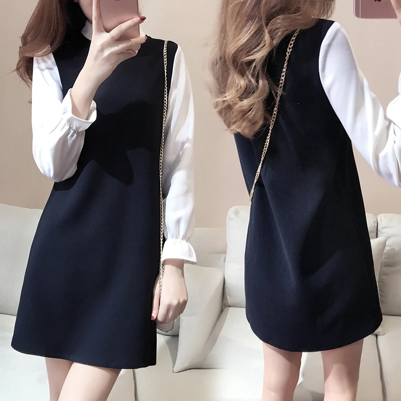 大码时尚连衣裙女减龄洋气假两件遮肉裙黑白长袖连衣裙992