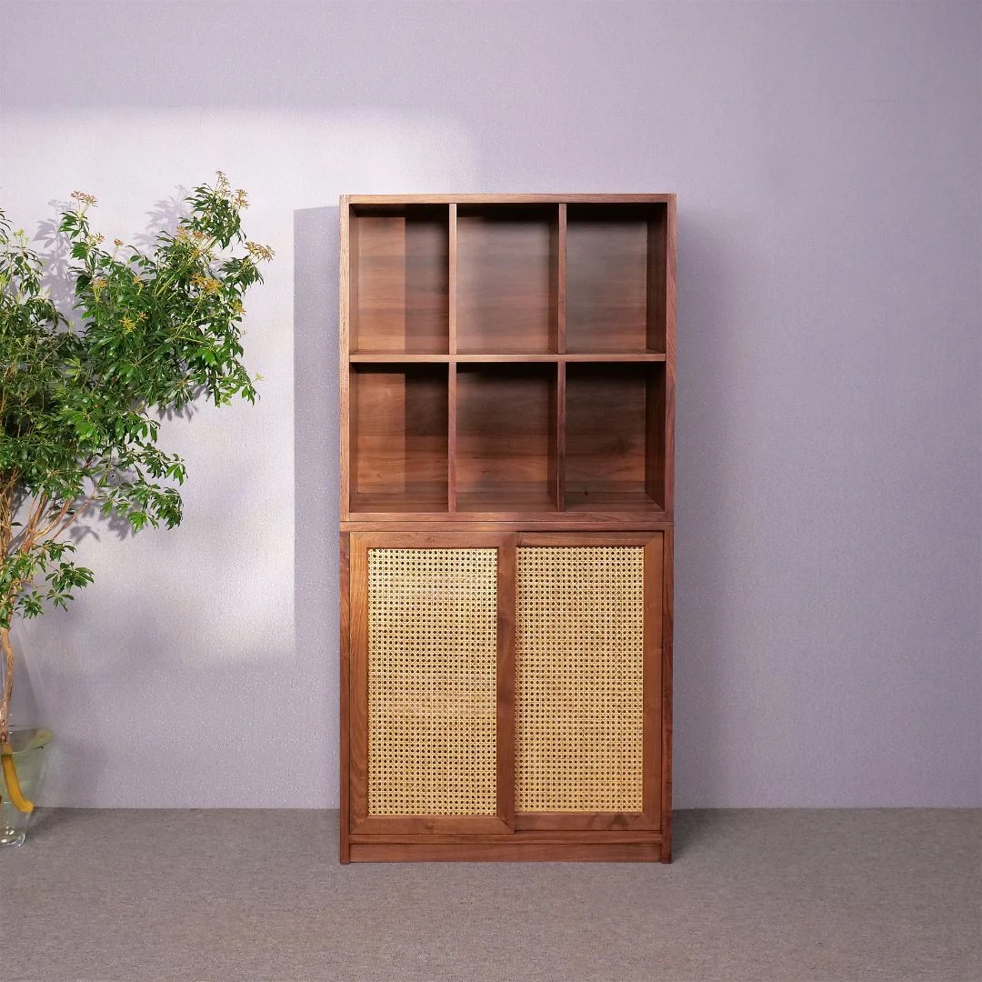 有斐实木边柜北美黑胡桃客厅落地藤编餐边柜移门柜子多宝阁洞洞板