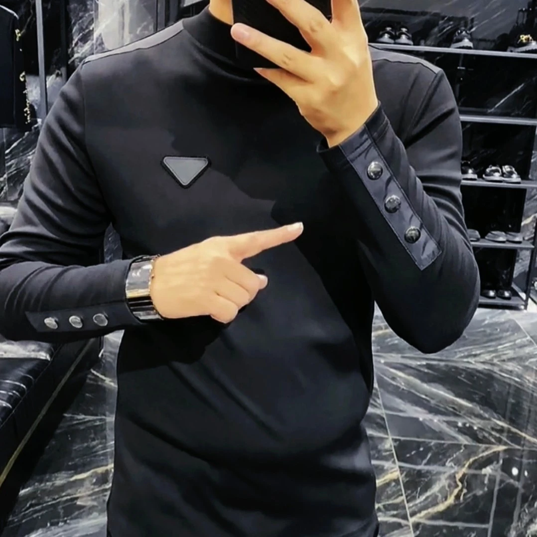 B626男士半高领打底衫欧货时尚长袖针织衫黑色休闲百搭T恤