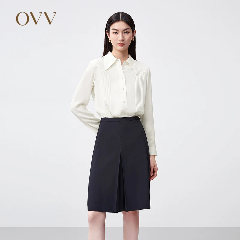 OVV春夏22MM建宏绉小尖领塔克线装饰职业真丝衬衫女GNEAJ11009A