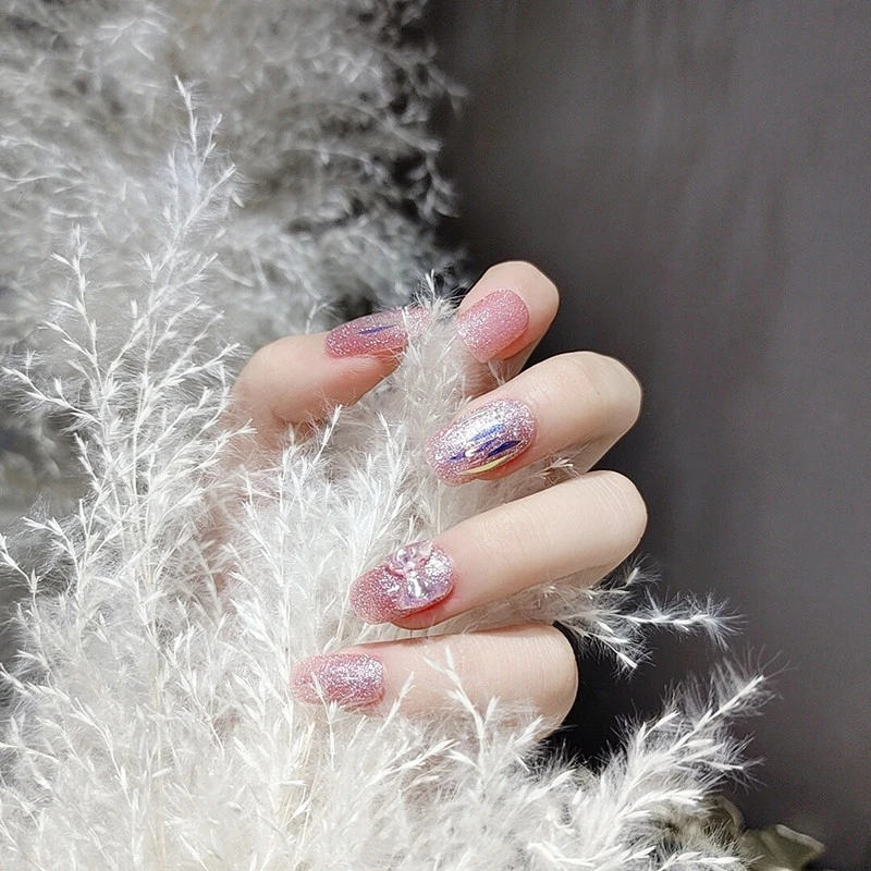 【中长】粉晶石碎钻流璃冰块蝴蝶结穿戴美甲可重复使用送工具胶贴