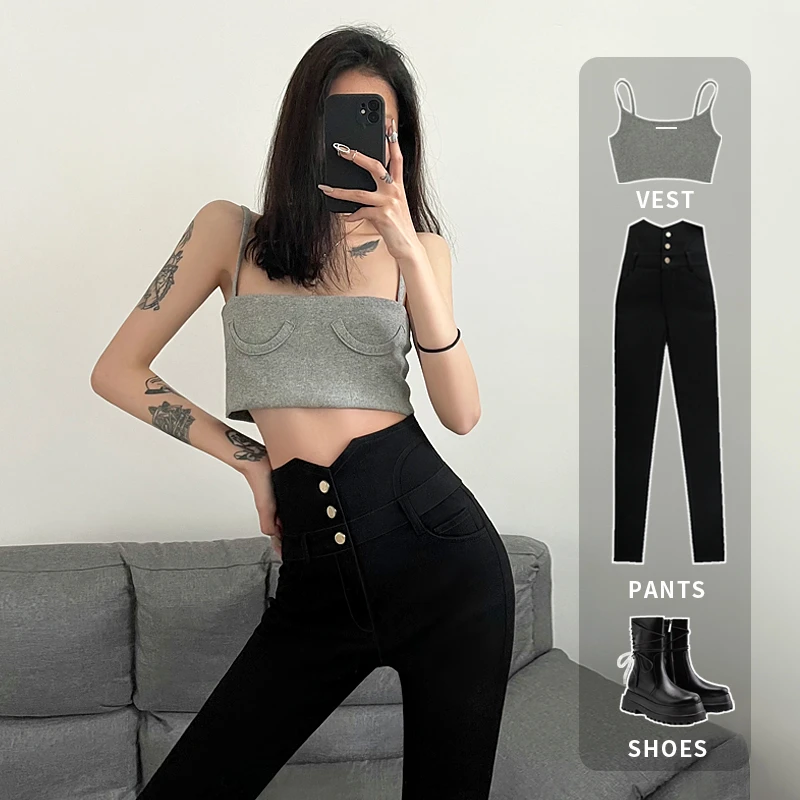 u 91高腰弹力小黑裤秋冬季加绒紧身小脚修身显瘦黑色打底裤女外穿