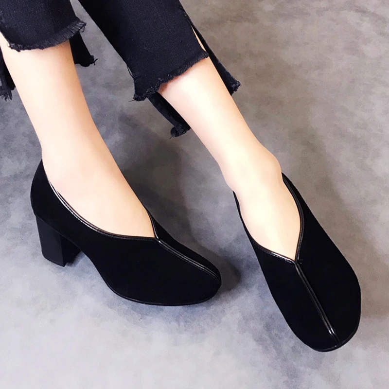 8639新款女鞋羊皮百搭单鞋高跟粗跟奶奶鞋春季夏季春秋圆头反绒