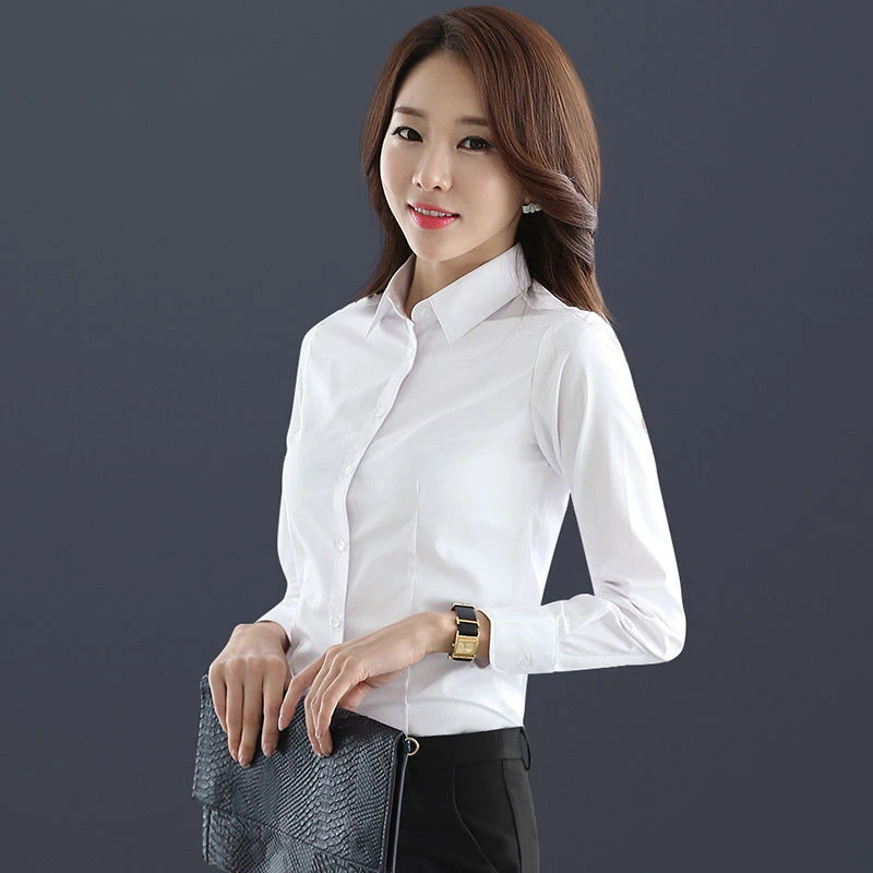 高档衬衫女长袖学生衬衣春秋新款大码显瘦工作服女士修身白色正装