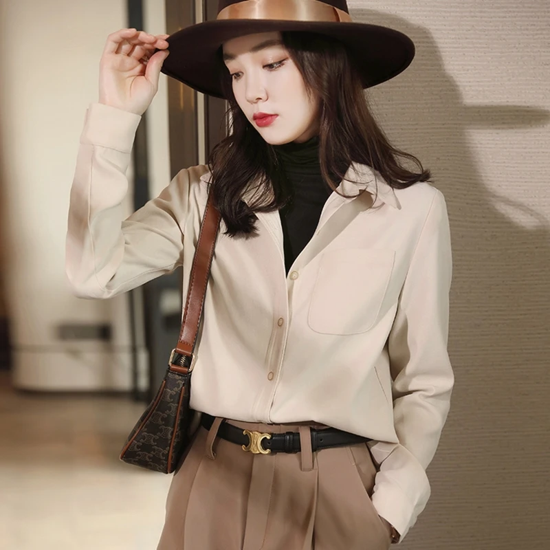 杏色衬衫女2025春秋季加厚长袖上衣小个子气质设计感磨毛百搭衬衣