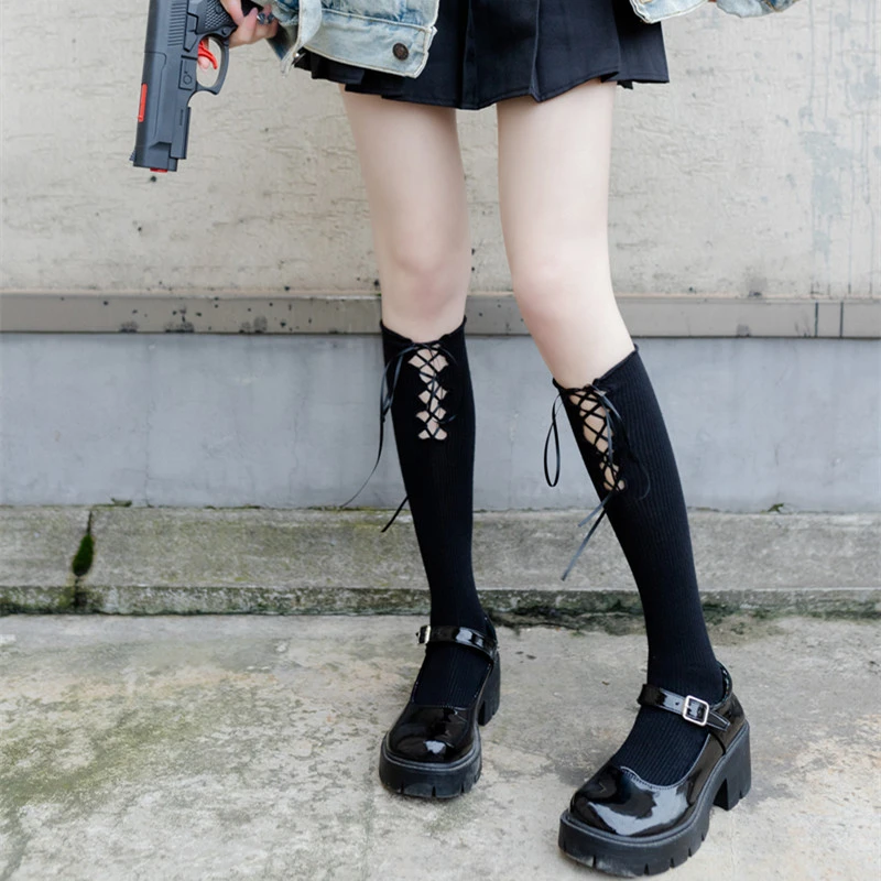 绑带袜子女木耳边中筒袜jk黑色小腿袜Lolita白色镂空系带堆堆袜