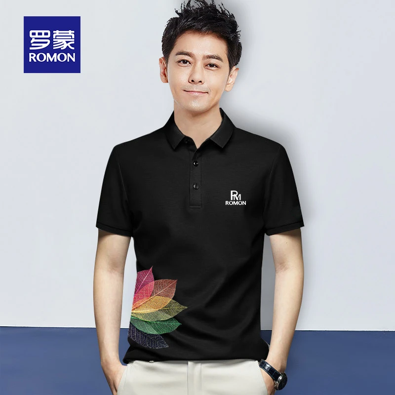 罗蒙POLO衫男翻领短袖t恤2025夏季韩版修身印花商务休闲上衣020