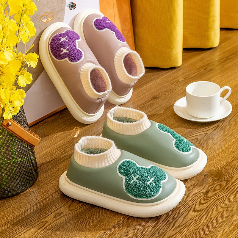 防水棉拖鞋女秋冬季包跟居家用防滑室内保暖厚底毛毛月子产后棉鞋