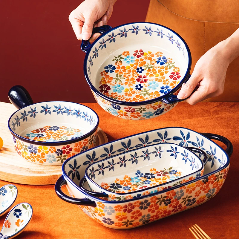 缤纷花影网红手柄碗陶瓷烤箱微波炉专用焗饭烤盘餐具家用双耳烤碗