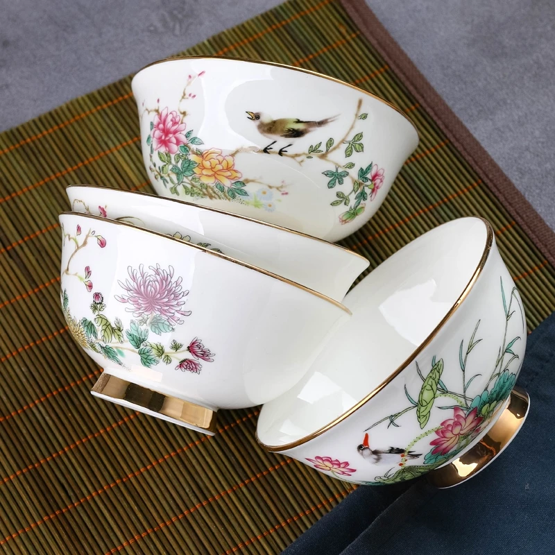 景德镇陶瓷碗手工碗碟高档中式描金花鸟系列（春夏秋冬）餐具防烫