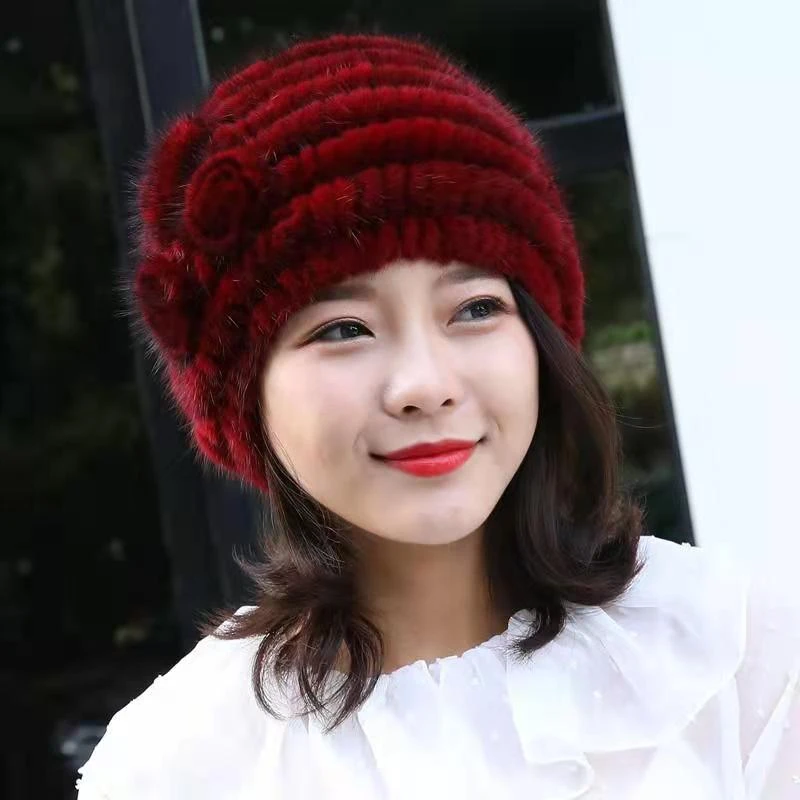 水貂横编三花帽子貂皮帽女款水貂毛帽子冬季保暖帽子妈妈帽