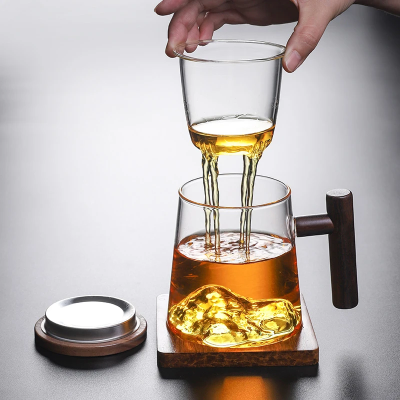 钱金晶日式玻璃远山水杯加厚耐热办公室泡茶杯茶水分离带盖茶道杯
