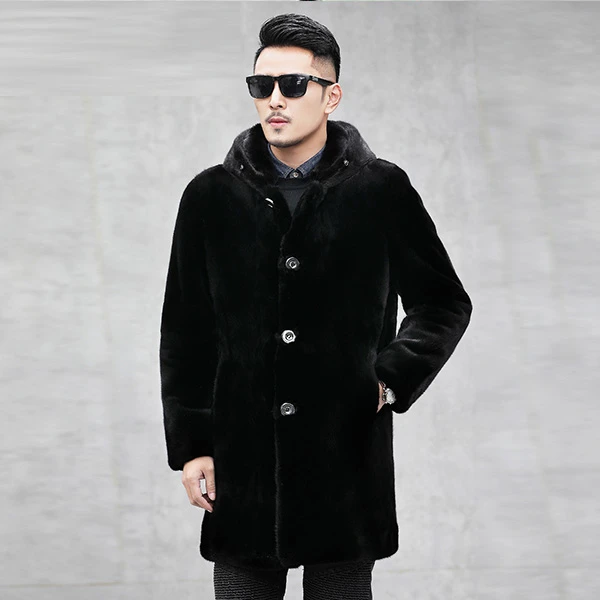 貂皮大衣男美国进口貂中长款男士连帽整貂风衣90长男装冬季保暖