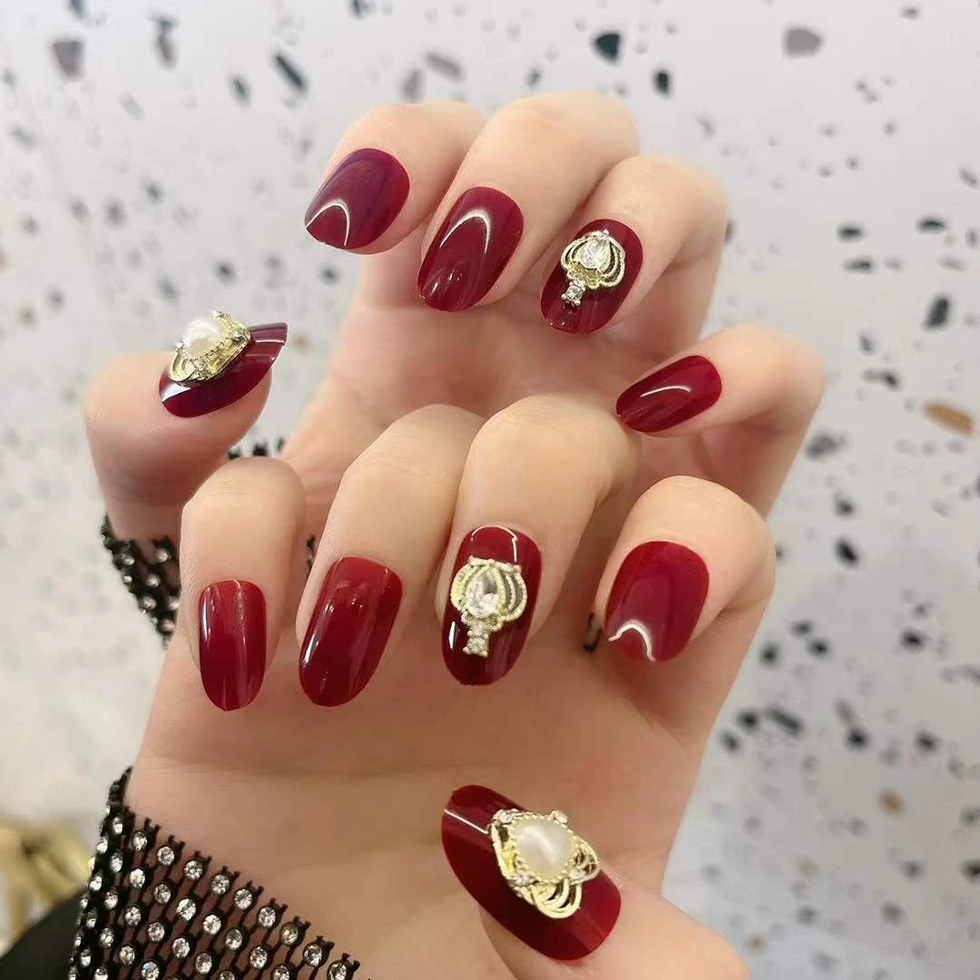 车厘子显白带钻中长款美甲贴穿戴美甲＋工具包果冻胶