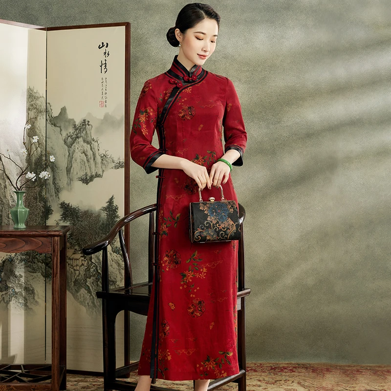 中国风缎面香云纱气质长款旗袍连衣裙 红色礼服  E20493