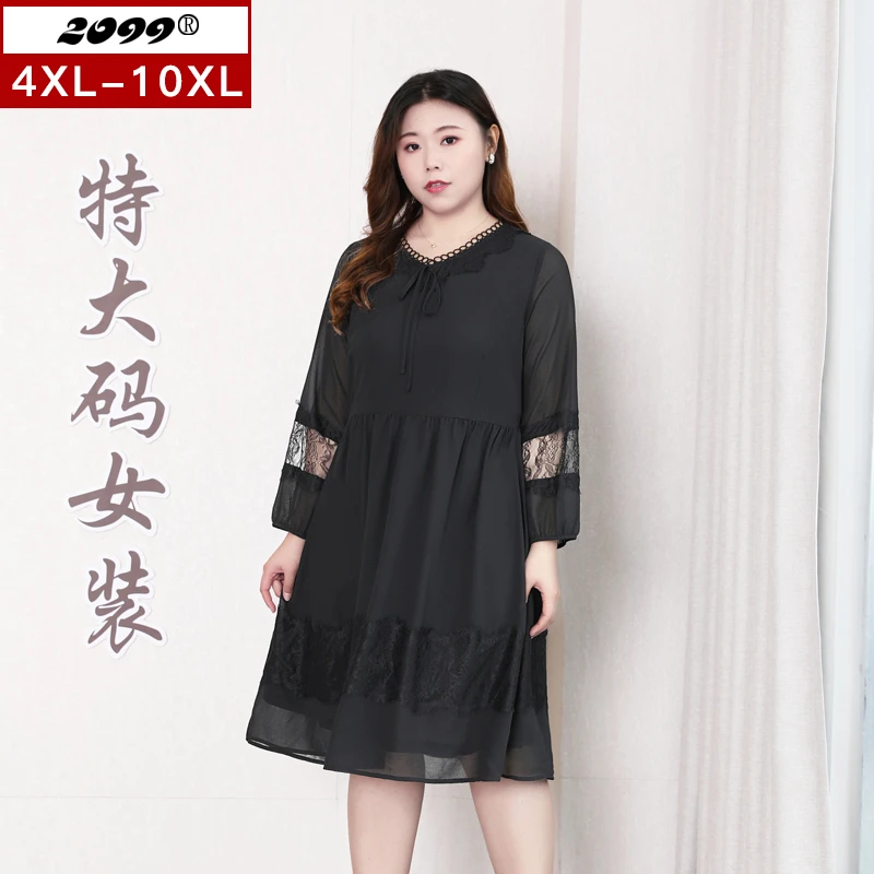 20461C中长款蕾丝连衣裙春装收腰蝴蝶结法式裙子女加肥加大码女装