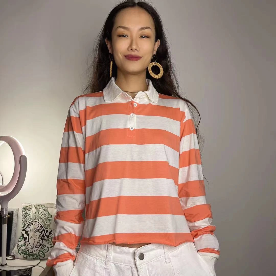 【大婉】欧美街拍短款经典学院风横条polo衫长袖T恤