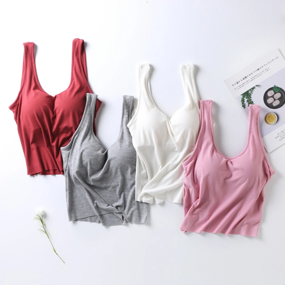 优衣璐女款美背氨纶粘纤3*3螺纹带五指杯罩杯胸衣一体齐腰小背心