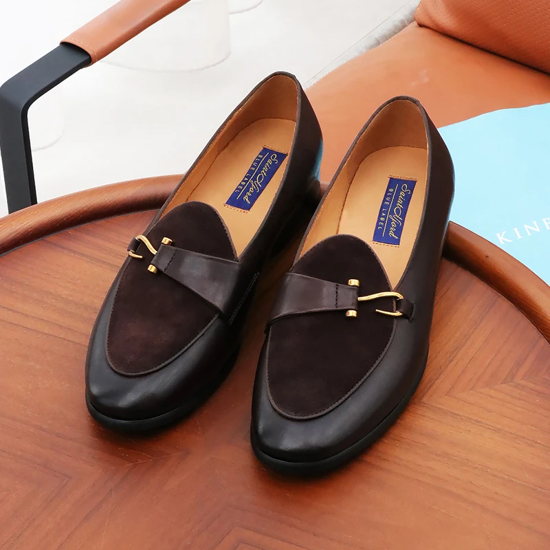 英伦潮流套脚透气商务休闲小皮鞋男士真皮一脚蹬马衔扣乐福鞋棕色