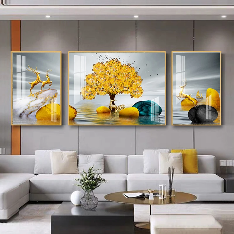 时来运转5D钻石画满钻发财鹿客厅办公室三联画玄关新款十字绣