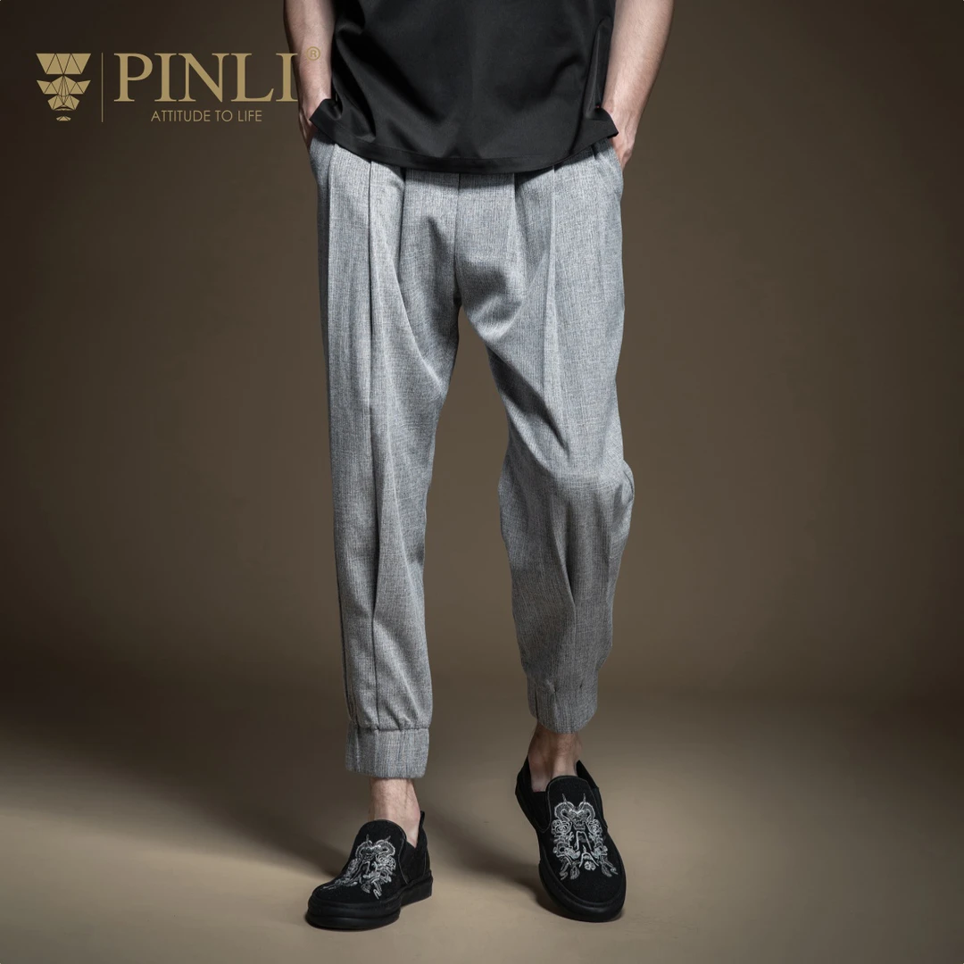 PINLI品立春季新款男士潮流纯色小脚休闲九分裤束脚裤B202617279