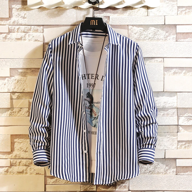 Mimt男士条纹衬衫学生休闲帅气格子时尚长袖尖领痞青春帅衬衣
