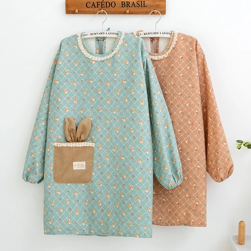 厨房工作带袖围裙长袖纯棉韩版棉布成人罩衣可爱2021新款带袖罩衣