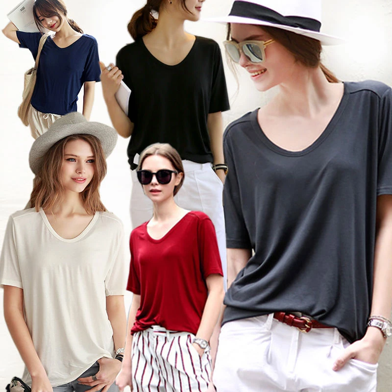 诺白莫代尔短袖夏韩版纯色袖休闲上衣大码宽松v领半袖面膜t恤女