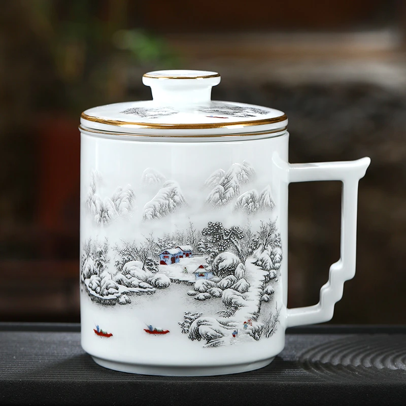 景德镇陶瓷茶杯带盖办公室水杯白瓷过滤泡茶杯子男士个人专用茶杯