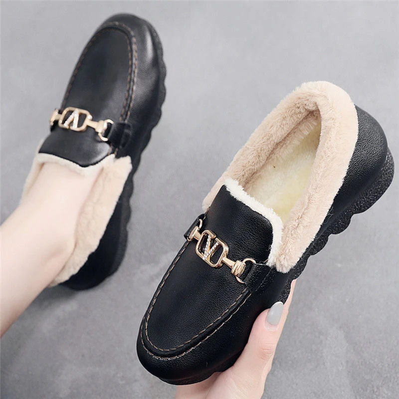 冬季老北京布鞋女棉鞋PU棉加绒防滑妈妈一脚蹬豆豆鞋保暖加厚