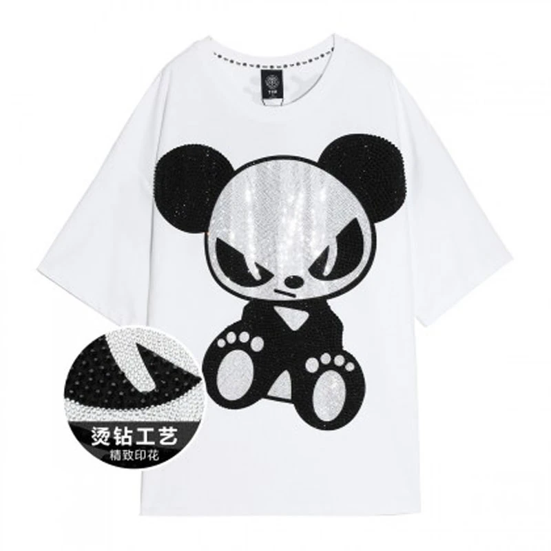 奥莱-TCH潮牌熊猫烫钻白色潮流春夏圆领洋气休闲T恤T21110C3039