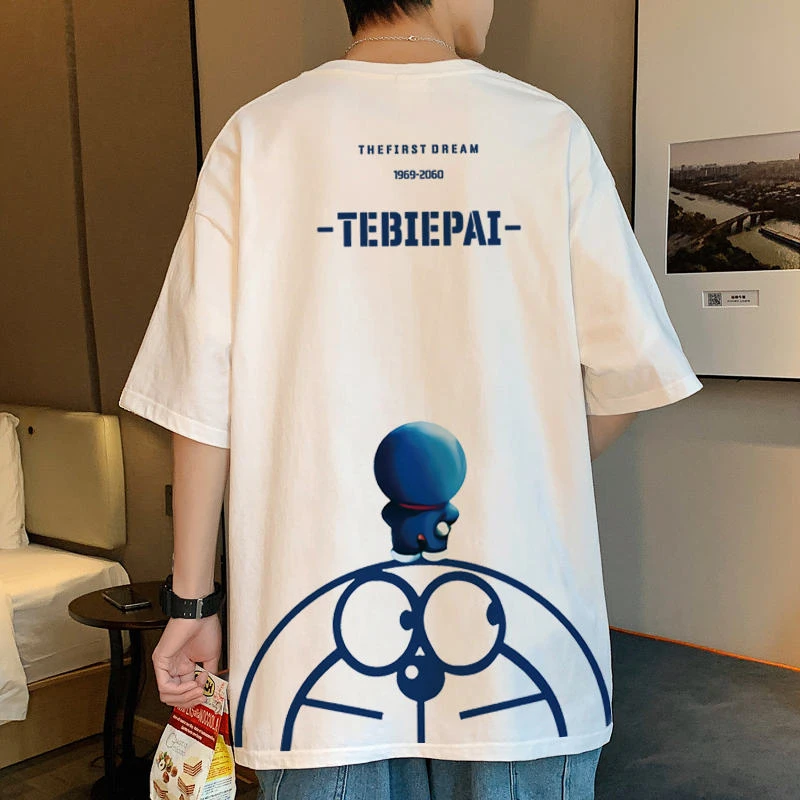 卡通蓝胖子休闲百搭夏季潮流T恤半袖宽松港风圆领上衣大码男士tee