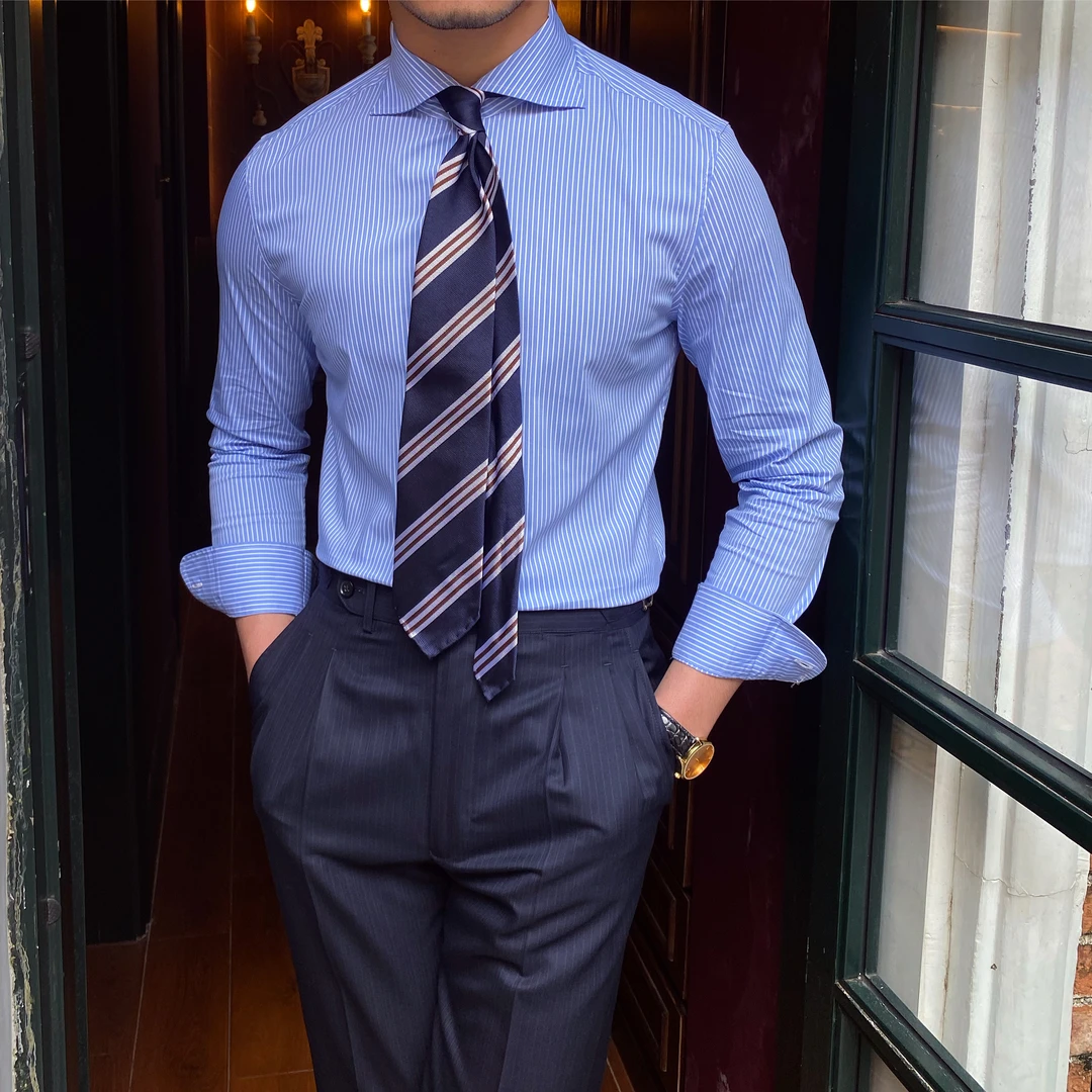 鹿三先生2022春季商务休闲蓝色长袖衬衫英伦温莎领百搭时尚衬衣男