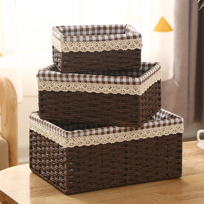 藤编桌面收纳筐化妆品钥匙收纳盒客厅零食杂物储物盒田园风编织筐