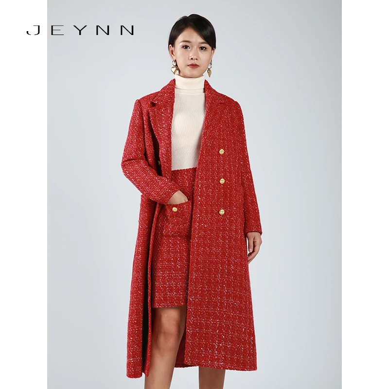 【JEYNN】冬季新款时尚优雅气质 双排扣 新年红 大衣外套女小香风