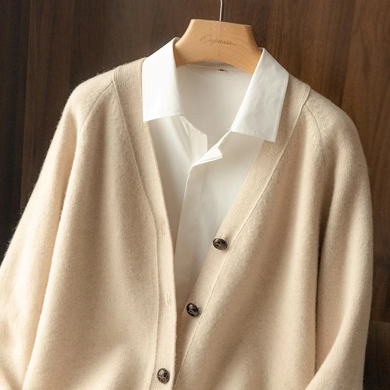 秋冬春秋长袖宽松纯色针织外穿女士v领