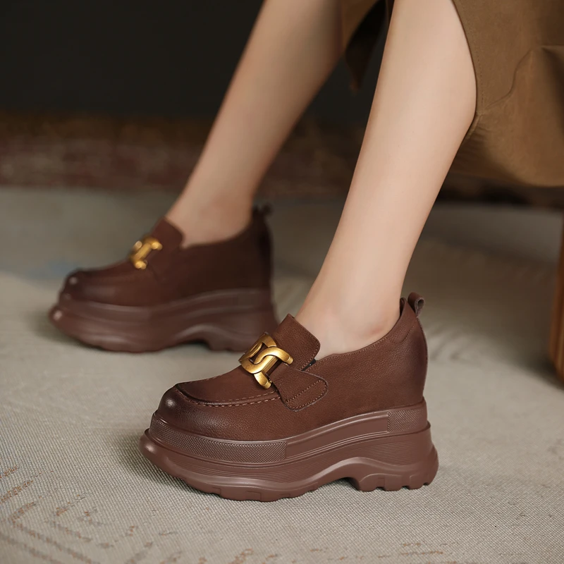 秋季百搭真皮厚底松糕复古英伦风皮鞋内增高10cm圆头休闲单鞋女