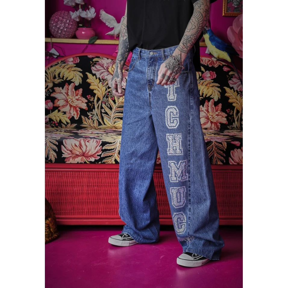 TCH轻奢烫钻工艺钻石镭射钻蓝色情侣款牛仔裤T66A208103私服tch